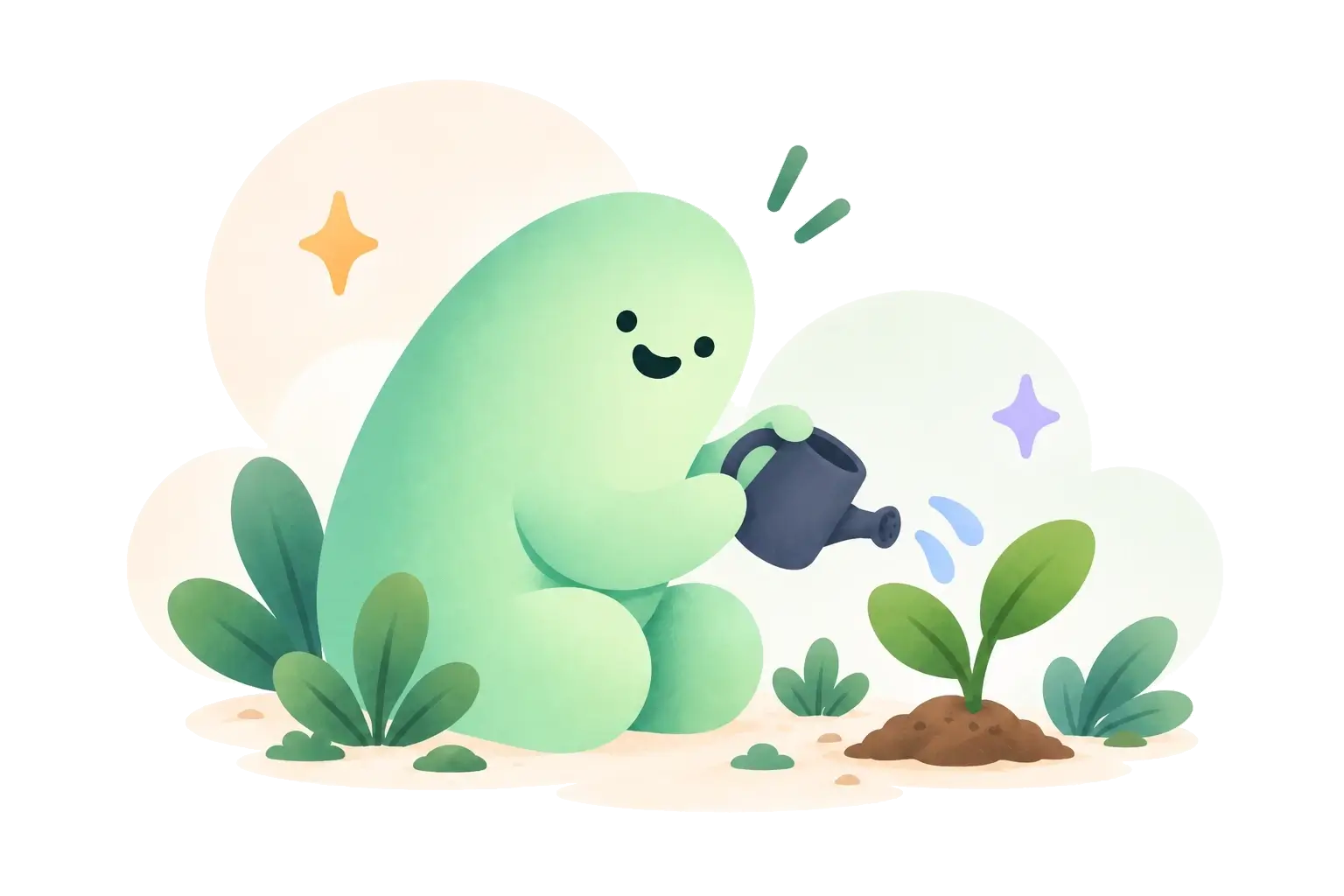 A c:me character helping a small plant grow